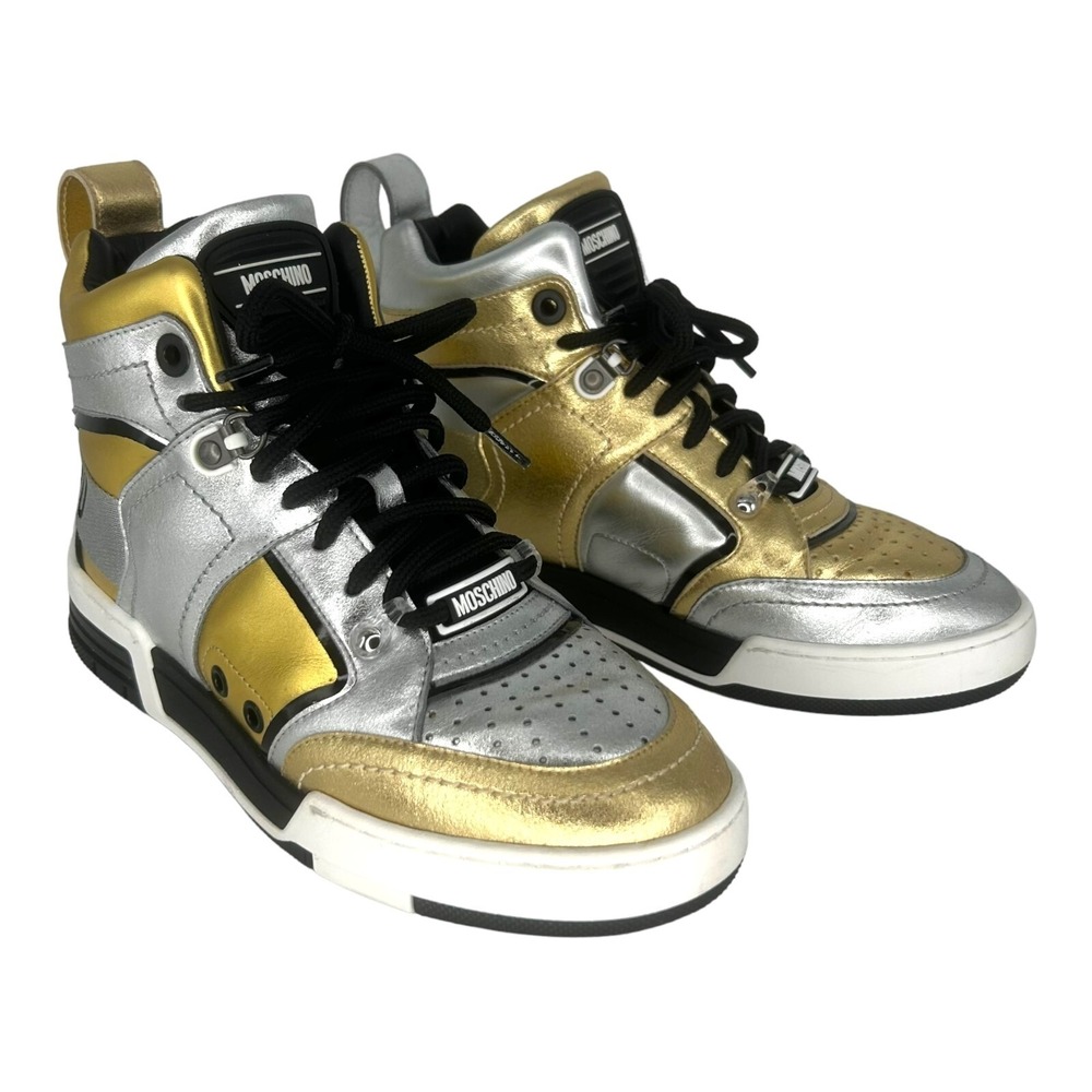 Moschino High Top Sneakers Gold Silver Metallic Leather Made in Italy Size 38
